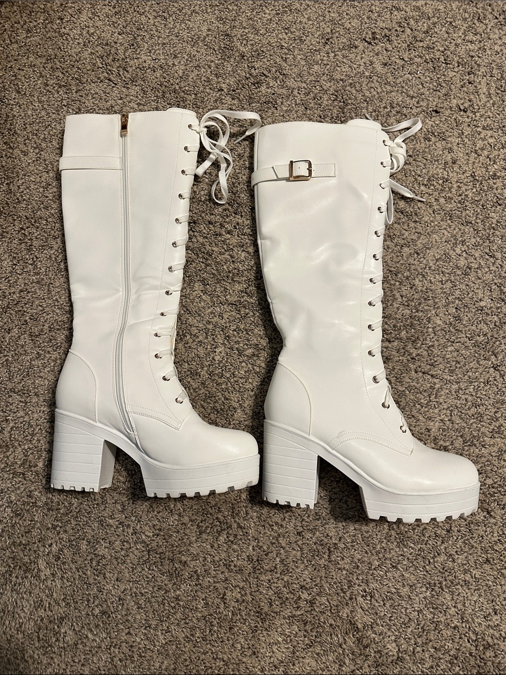Amazon White Lace-Up Knee-High Chunky Heel Boots